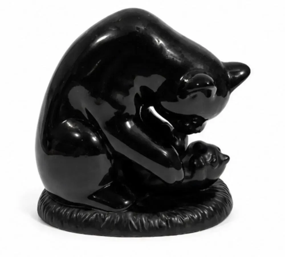 Black Cat & Kitten Ceramic Figurine Glossy Vintage Style Home Decor Statue 6”